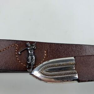 Vintage 1996 Brown Leather GOLF Belt with Silver Buckle Golfer & Ball Design 34